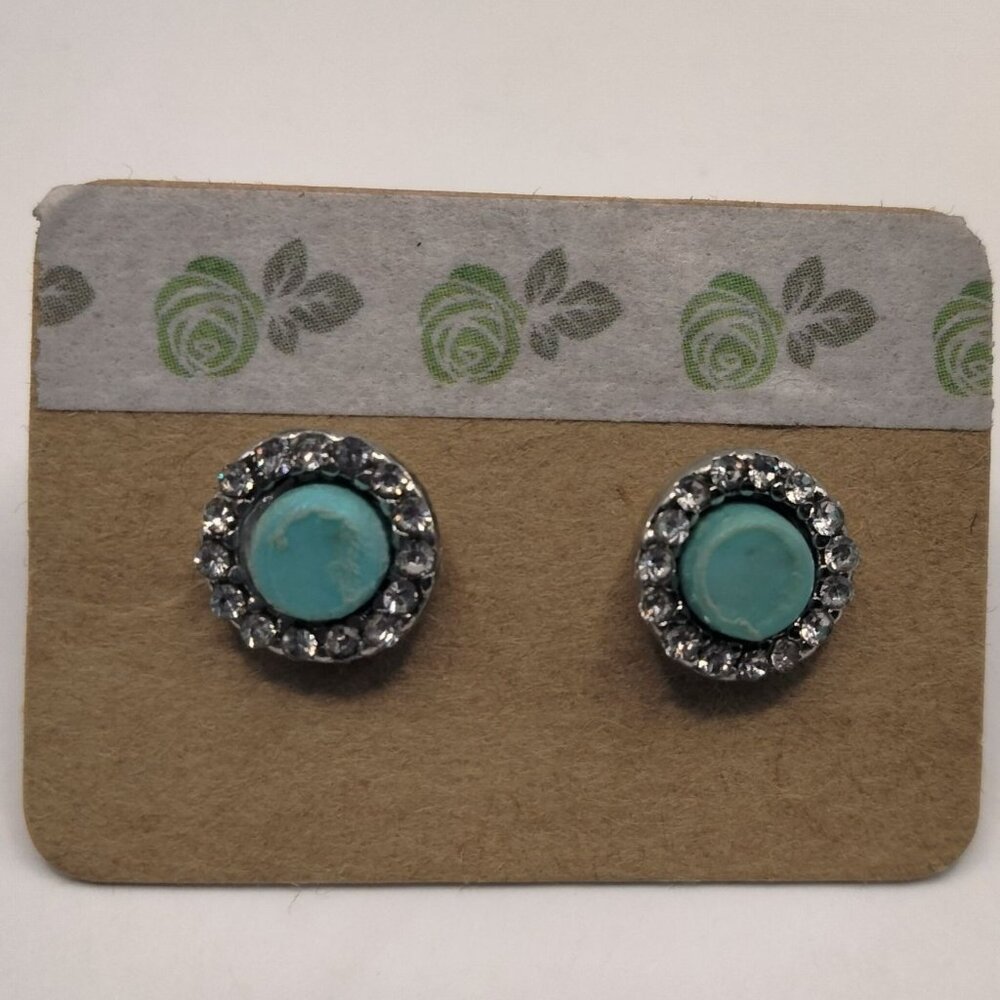 Turquoise Rhinestone Pierced Earrings  Round Stud Faux Stone